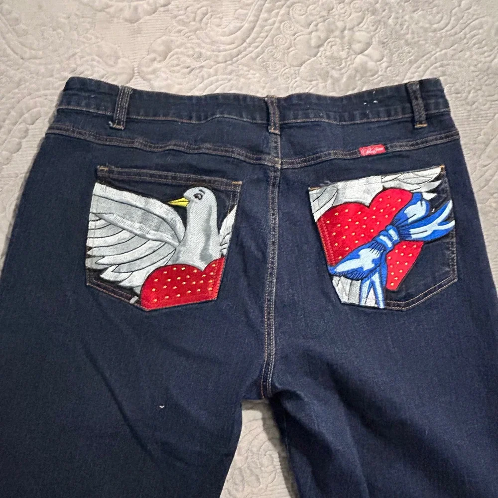 Paco Jeans Mens Dark Wash Embroidered Dove Heart Streetwear Straight Leg Jeans